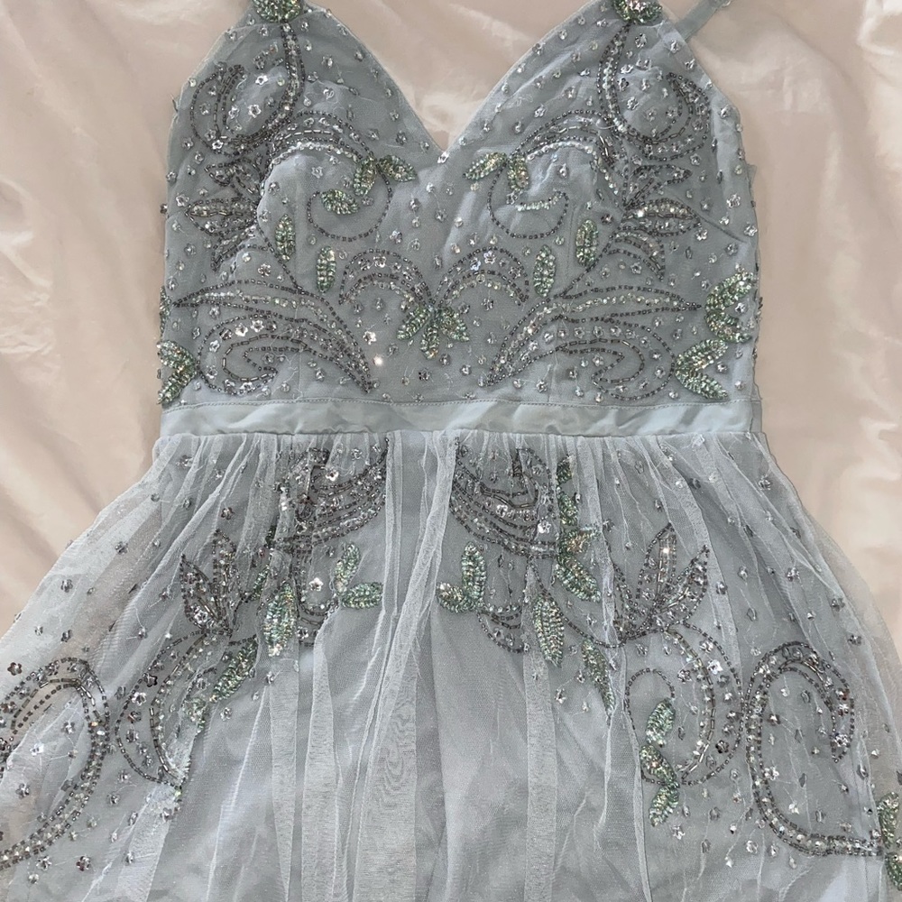 Blue Silver Beaded Lace Evening Gown - A line Flowy Tulle Skirt. Worn Once.